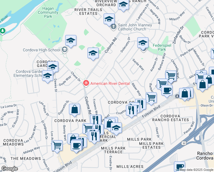 map of restaurants, bars, coffee shops, grocery stores, and more near 10452 Dolecetto Drive in Rancho Cordova