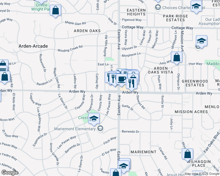map of restaurants, bars, coffee shops, grocery stores, and more near 1720 Rolling Hills Road in Sacramento
