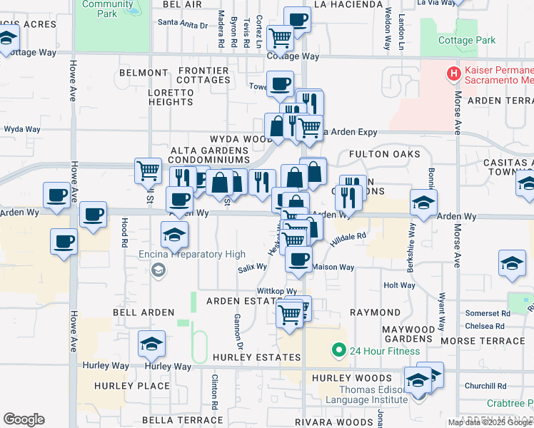 map of restaurants, bars, coffee shops, grocery stores, and more near 1701 Killarney Lane in Sacramento