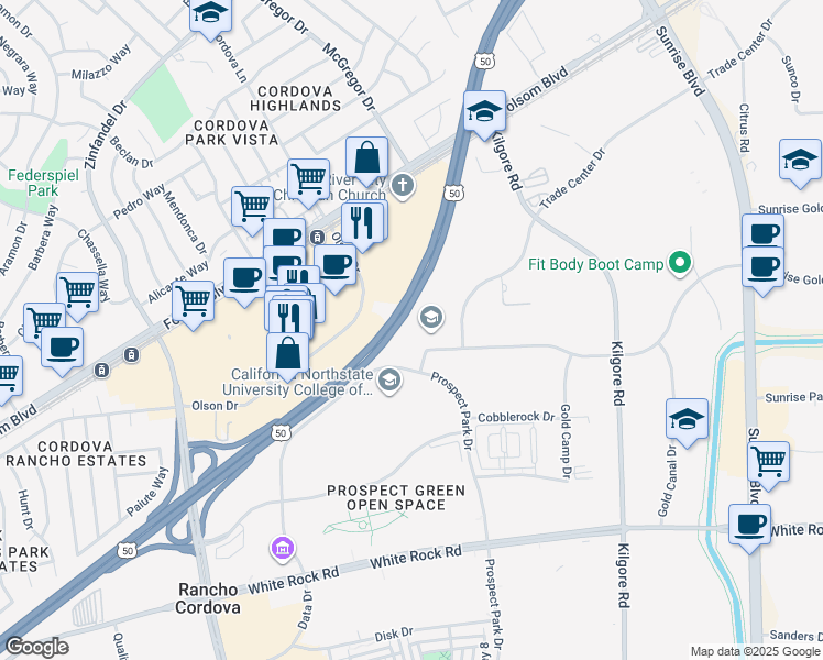 map of restaurants, bars, coffee shops, grocery stores, and more near 10961 Sun Center Drive in Rancho Cordova
