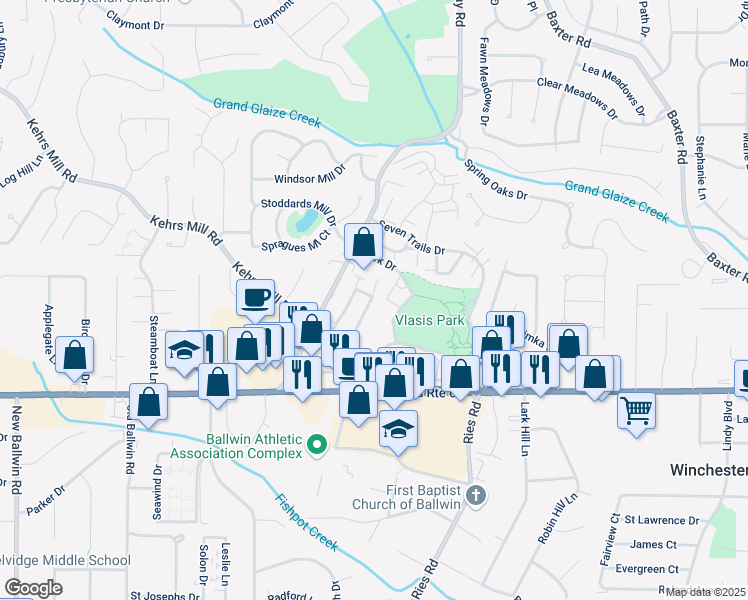 map of restaurants, bars, coffee shops, grocery stores, and more near 168 Kehrs Mill Trail in Ballwin