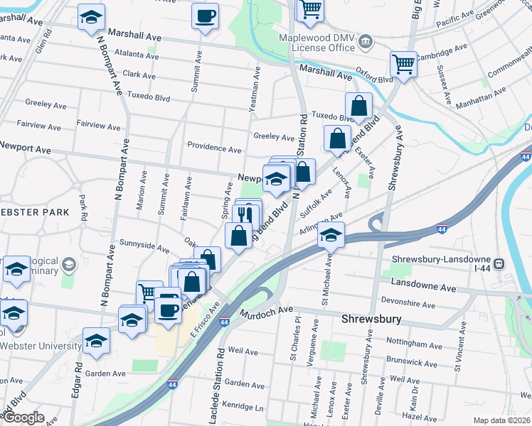 map of restaurants, bars, coffee shops, grocery stores, and more near 7835 Big Bend Boulevard in Webster Groves