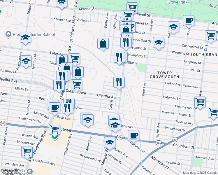map of restaurants, bars, coffee shops, grocery stores, and more near 4360 Fairview Avenue in St. Louis