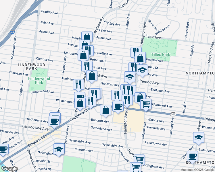 map of restaurants, bars, coffee shops, grocery stores, and more near 6311 Tholozan Avenue in St. Louis