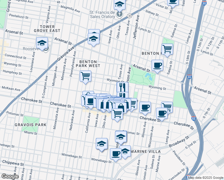map of restaurants, bars, coffee shops, grocery stores, and more near 3234 Ohio Avenue in Saint Louis