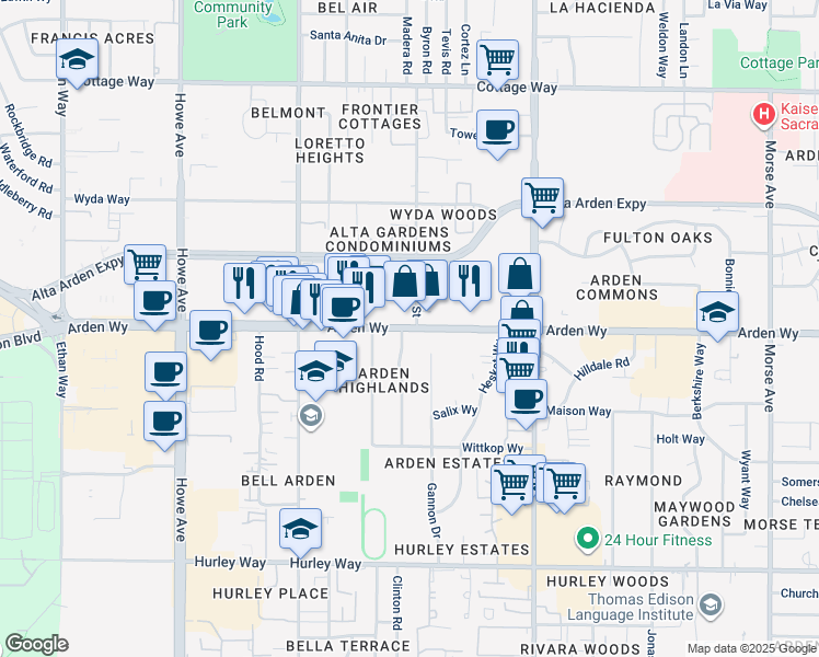 map of restaurants, bars, coffee shops, grocery stores, and more near 2387 Arden Way in Sacramento