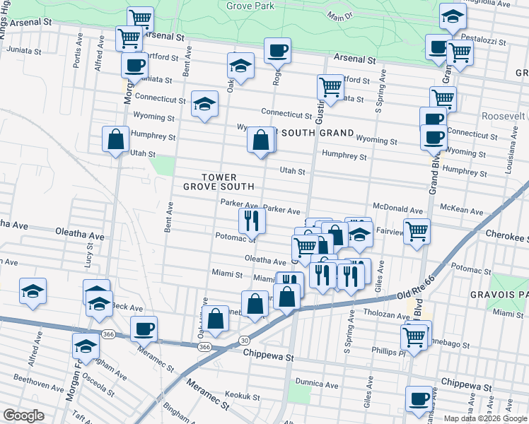 map of restaurants, bars, coffee shops, grocery stores, and more near 3402 Roger Place in St. Louis