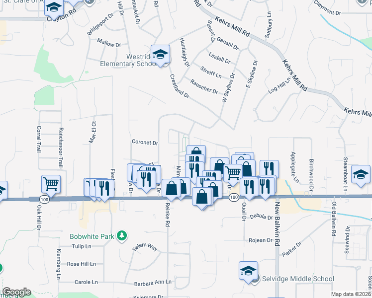map of restaurants, bars, coffee shops, grocery stores, and more near 138 Burtonwood Drive in Ballwin