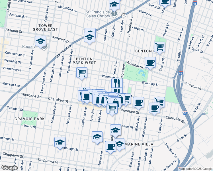 map of restaurants, bars, coffee shops, grocery stores, and more near 3234 Ohio Avenue in St. Louis