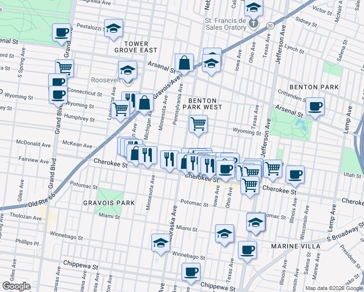 map of restaurants, bars, coffee shops, grocery stores, and more near 3259 Nebraska Avenue in St. Louis