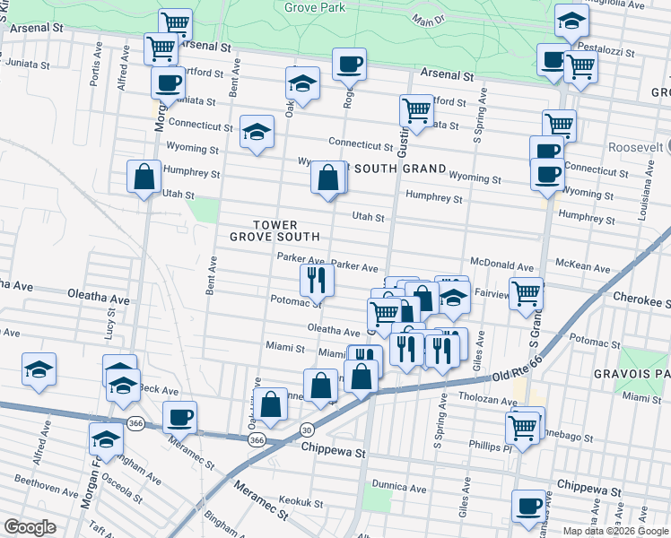 map of restaurants, bars, coffee shops, grocery stores, and more near 3972 Parker Avenue in St. Louis