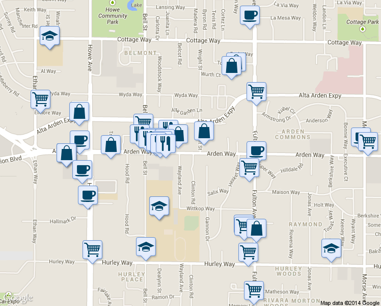 map of restaurants, bars, coffee shops, grocery stores, and more near 2385 Arden Way in Sacramento