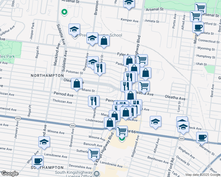 map of restaurants, bars, coffee shops, grocery stores, and more near 4978 Oleatha Avenue in St. Louis