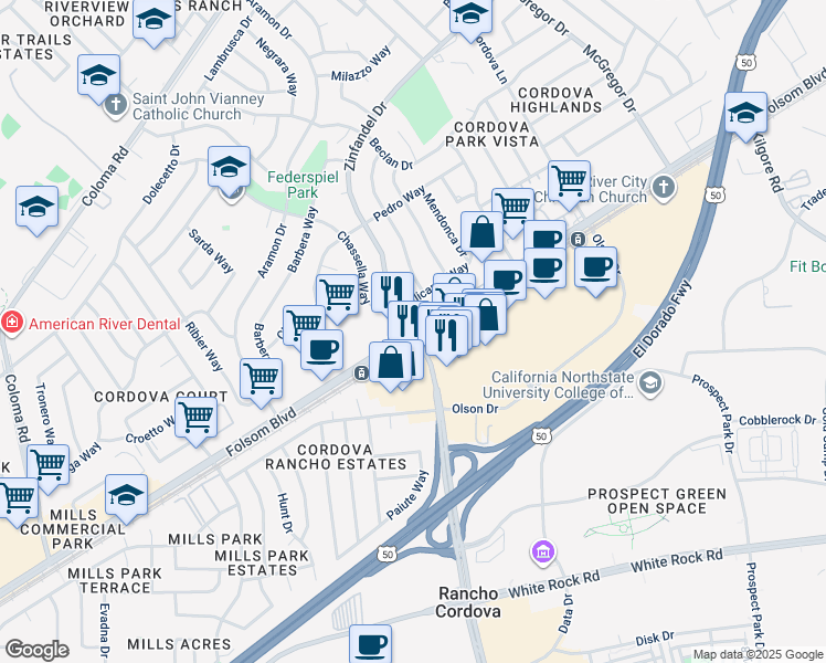 map of restaurants, bars, coffee shops, grocery stores, and more near Folsom Blvd & Zinfandel Dr in Rancho Cordova