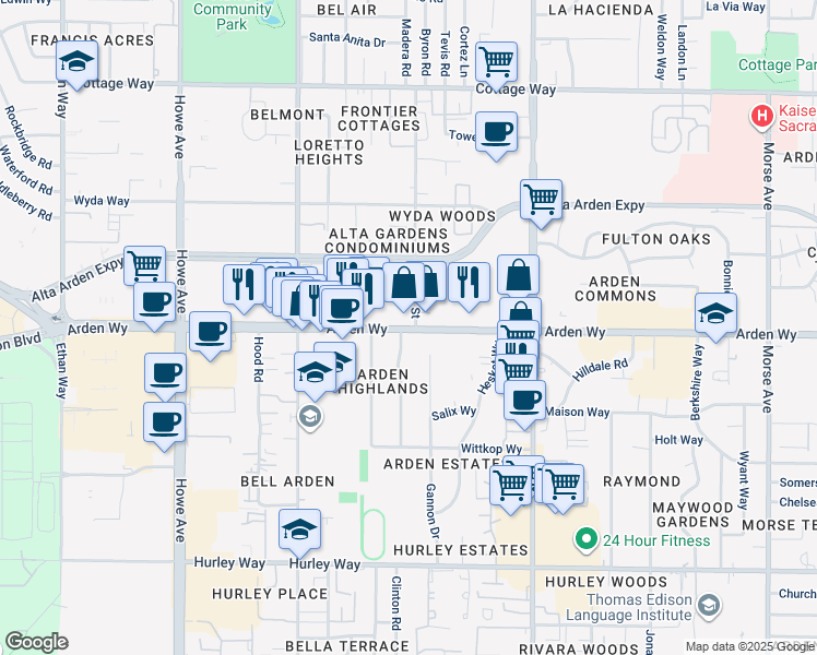 map of restaurants, bars, coffee shops, grocery stores, and more near 2387 Arden Way in Sacramento