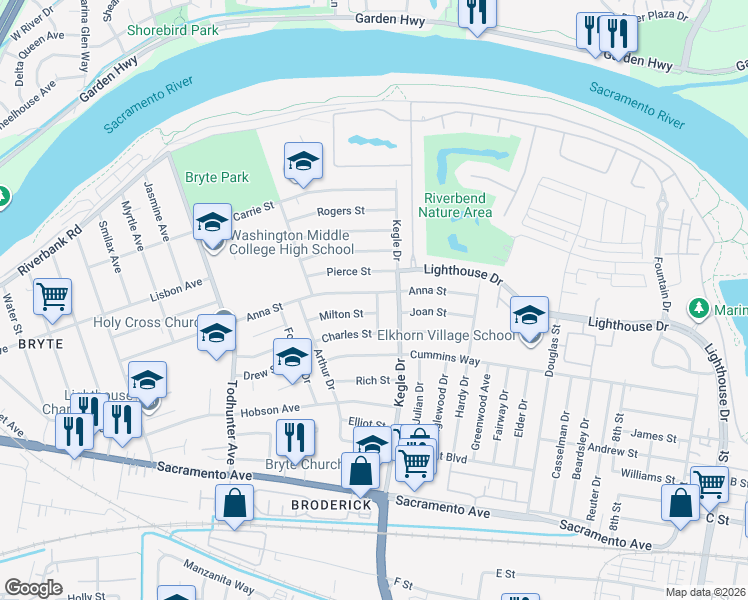 map of restaurants, bars, coffee shops, grocery stores, and more near 1004 Anna Street in West Sacramento