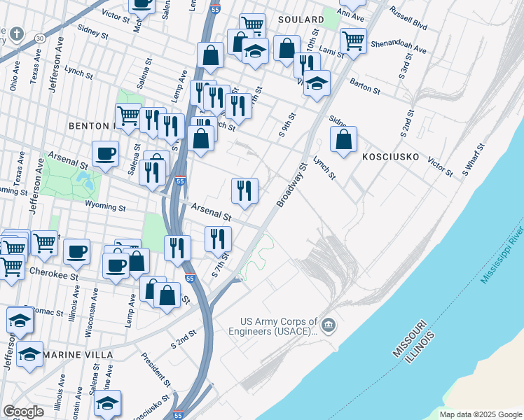 map of restaurants, bars, coffee shops, grocery stores, and more near 99-2901 Busch Pl in St Louis