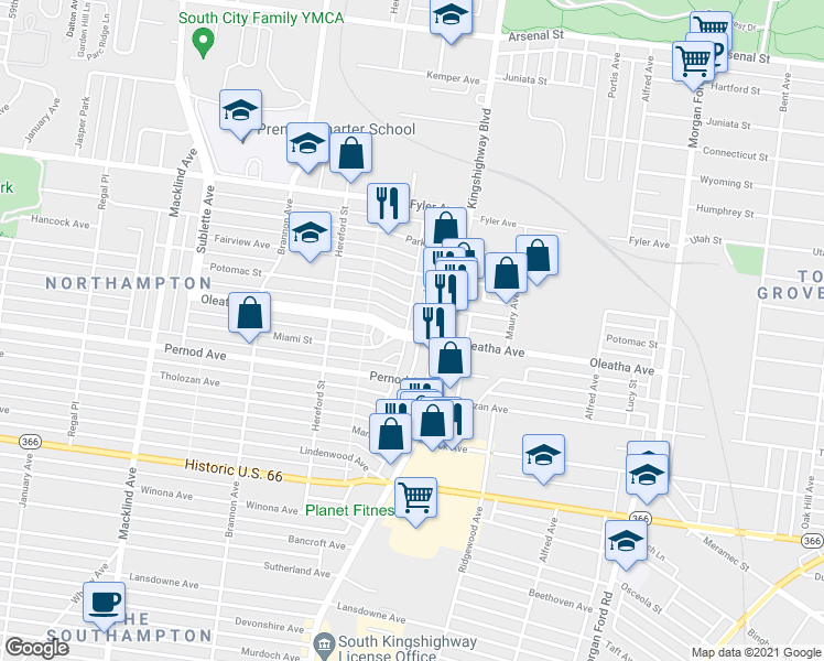 map of restaurants, bars, coffee shops, grocery stores, and more near 4941 Oleatha Avenue in St. Louis