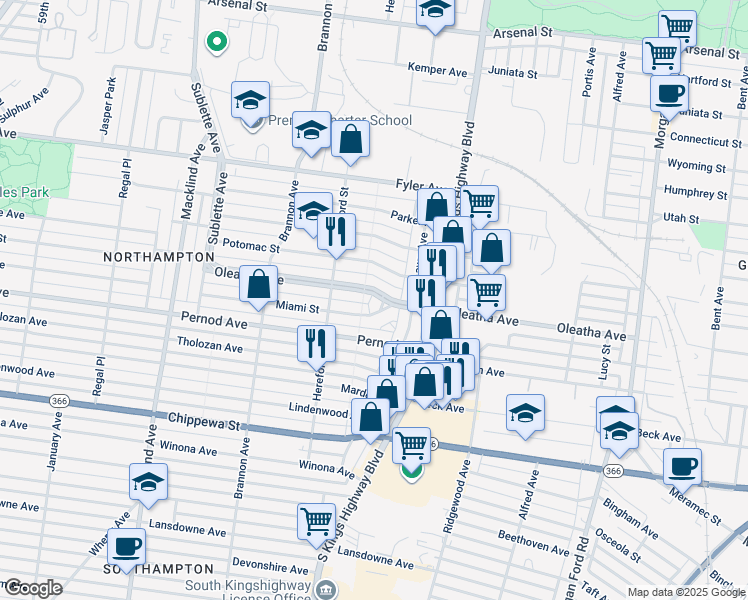 map of restaurants, bars, coffee shops, grocery stores, and more near 4978 Oleatha Avenue in St. Louis
