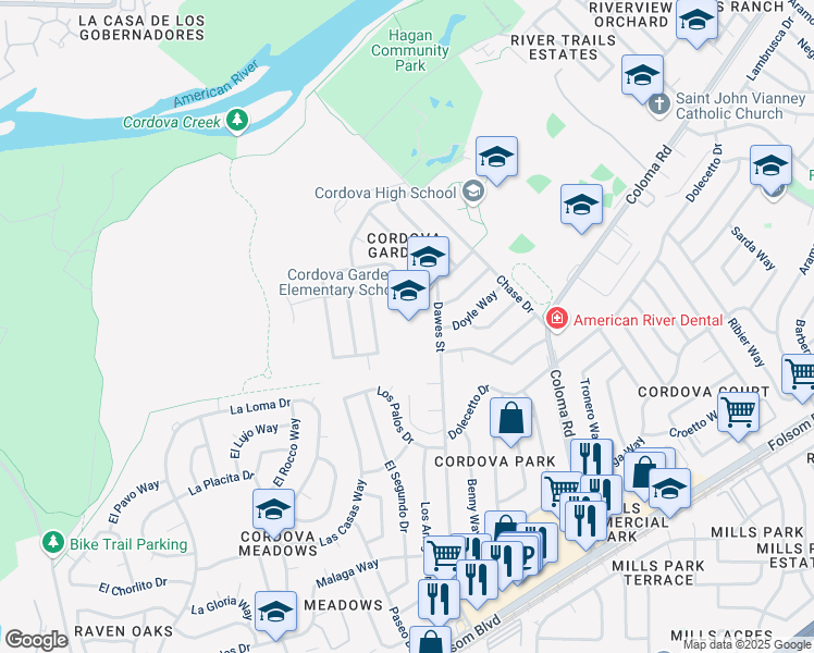 map of restaurants, bars, coffee shops, grocery stores, and more near 2400 Dawes Street in Rancho Cordova