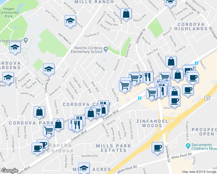 map of restaurants, bars, coffee shops, grocery stores, and more near 2679 Aramon Drive in Rancho Cordova