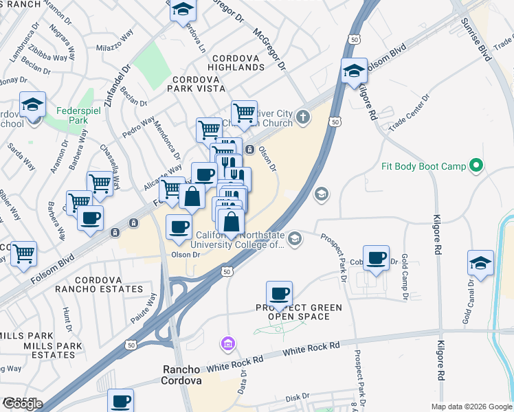 map of restaurants, bars, coffee shops, grocery stores, and more near 10947 Olson Drive in Rancho Cordova