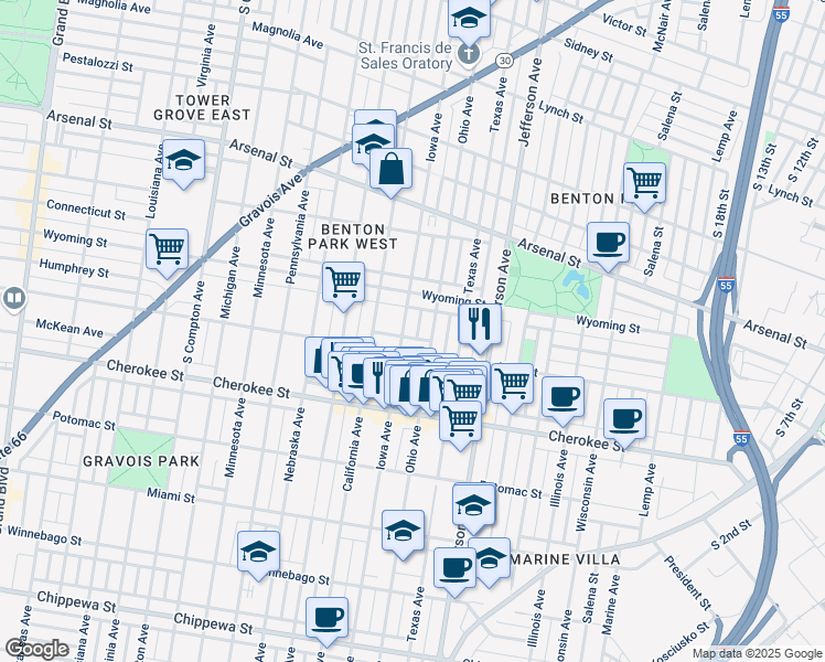 map of restaurants, bars, coffee shops, grocery stores, and more near 3226 Iowa Avenue in St. Louis