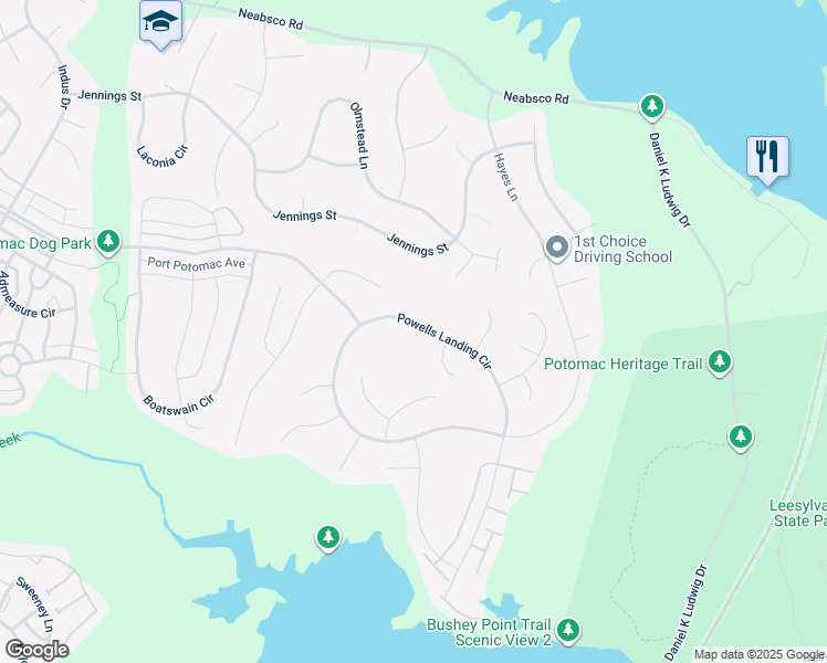 map of restaurants, bars, coffee shops, grocery stores, and more near 2042 Powells Landing Circle in Woodbridge