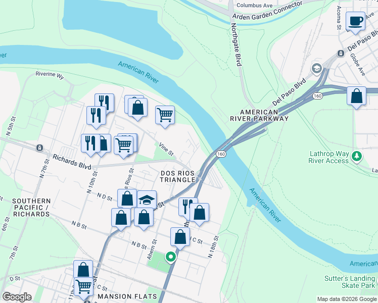 map of restaurants, bars, coffee shops, grocery stores, and more near 1421 Richards Boulevard in Sacramento