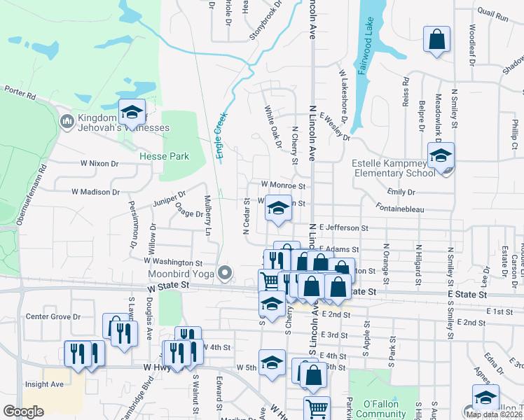 map of restaurants, bars, coffee shops, grocery stores, and more near 315 West Madison Street in O'Fallon
