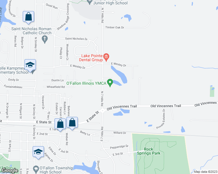 map of restaurants, bars, coffee shops, grocery stores, and more near 284 North 7 Hills Road in O'Fallon