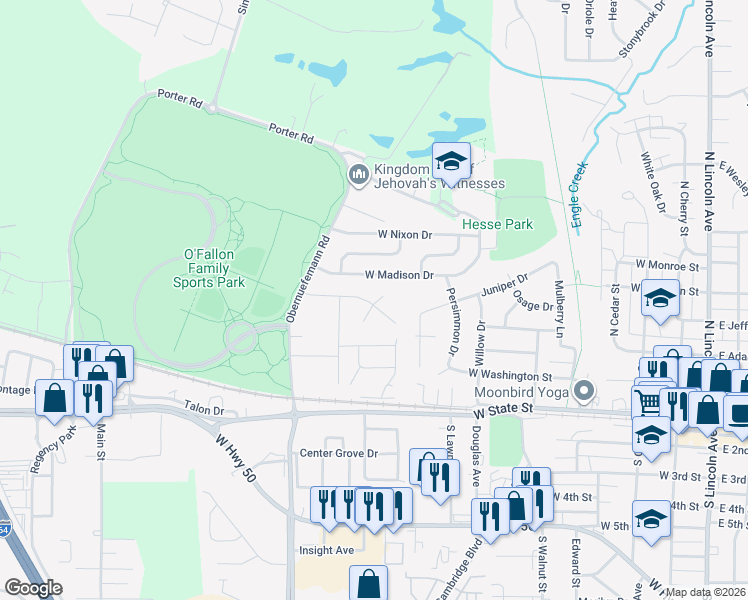 map of restaurants, bars, coffee shops, grocery stores, and more near 907 West Madison Street in O'Fallon