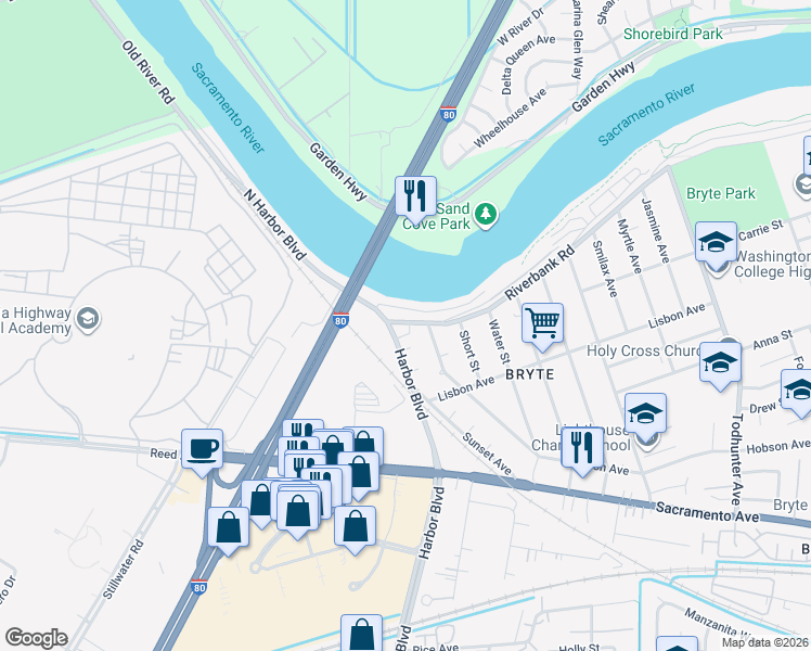 map of restaurants, bars, coffee shops, grocery stores, and more near 1741 Riverbank Road in West Sacramento