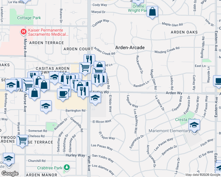 map of restaurants, bars, coffee shops, grocery stores, and more near 1708 Devonshire Road in Sacramento