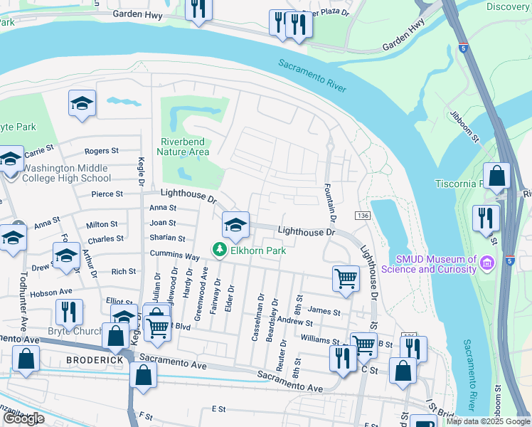 map of restaurants, bars, coffee shops, grocery stores, and more near 555 Douglas Street in West Sacramento