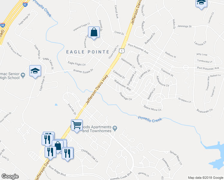 map of restaurants, bars, coffee shops, grocery stores, and more near 2826 Wakewater Way in Woodbridge