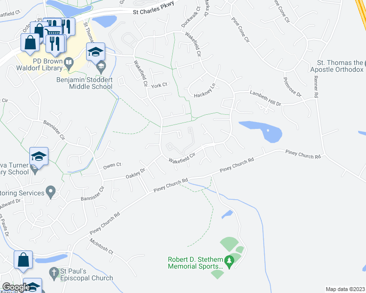 map of restaurants, bars, coffee shops, grocery stores, and more near 2817 Red Lion Place in Waldorf