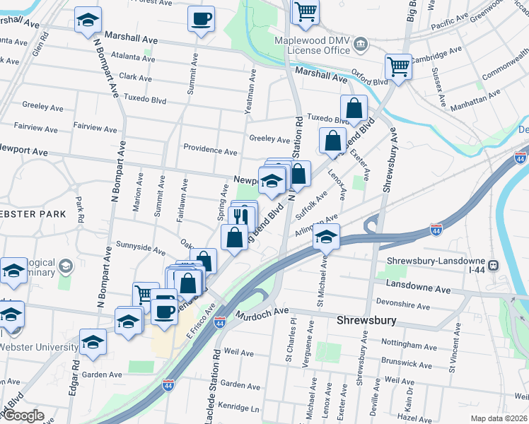 map of restaurants, bars, coffee shops, grocery stores, and more near 7835 Big Bend Boulevard in Webster Groves