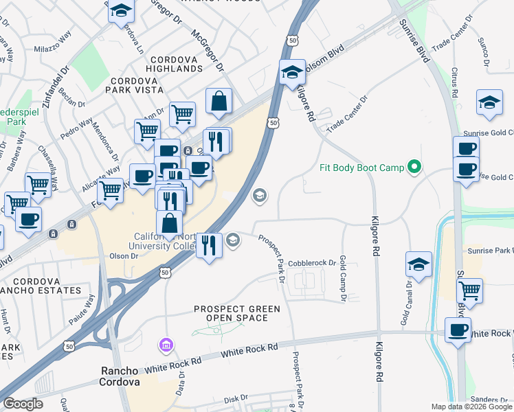 map of restaurants, bars, coffee shops, grocery stores, and more near 10971 Sun Center Drive in Rancho Cordova