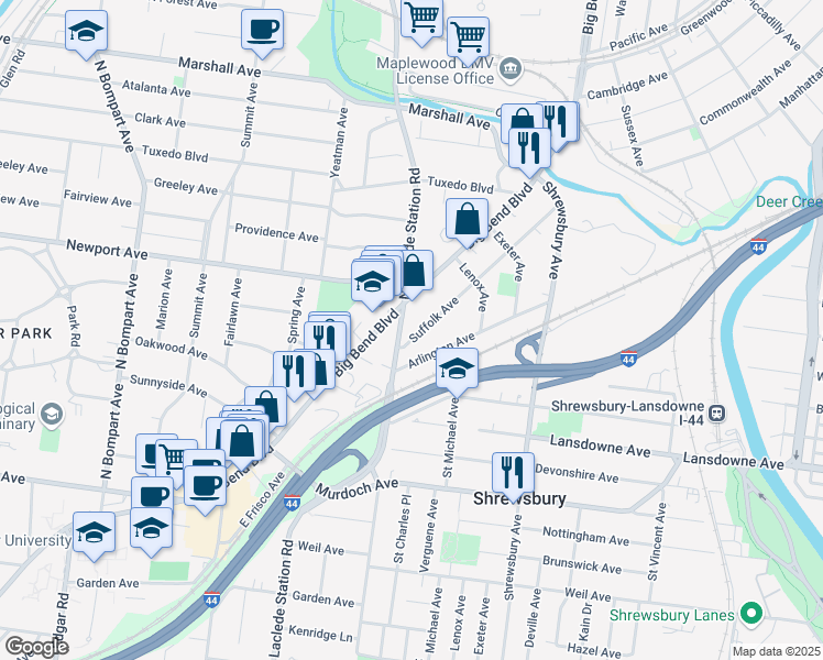 map of restaurants, bars, coffee shops, grocery stores, and more near 7733 Suffolk Avenue in St. Louis