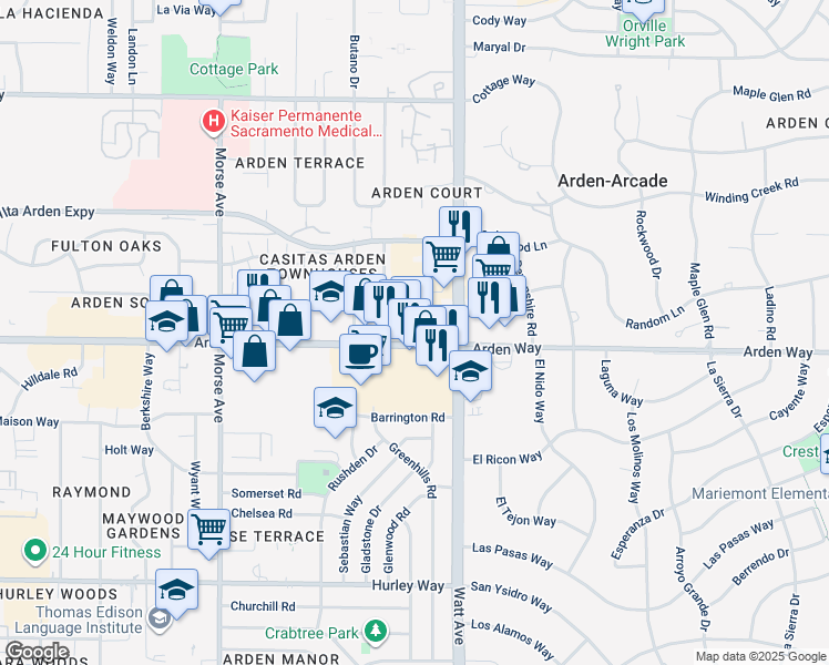 map of restaurants, bars, coffee shops, grocery stores, and more near 3383 Arden Way in Sacramento