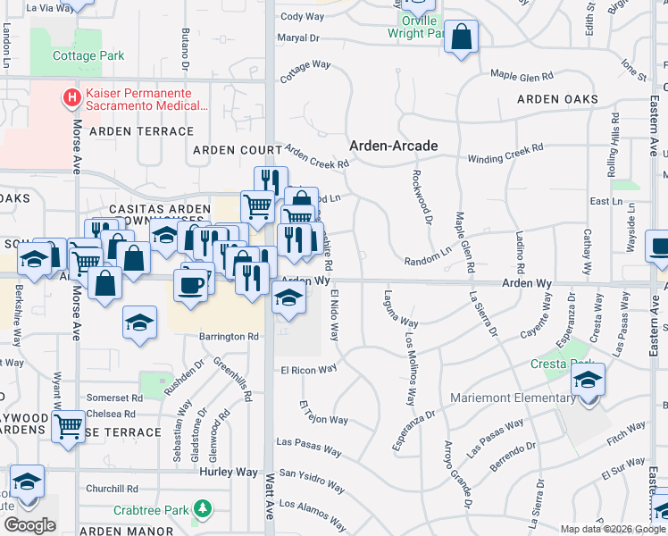 map of restaurants, bars, coffee shops, grocery stores, and more near 1708 Devonshire Road in Sacramento