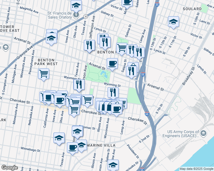 map of restaurants, bars, coffee shops, grocery stores, and more near 3144 Illinois Avenue in St. Louis
