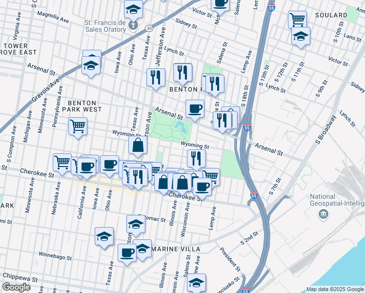 map of restaurants, bars, coffee shops, grocery stores, and more near 2116 Wyoming Street in St. Louis