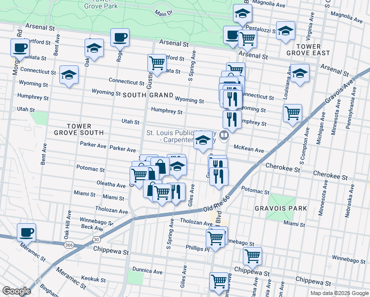 map of restaurants, bars, coffee shops, grocery stores, and more near 3800 McDonald Avenue in St. Louis