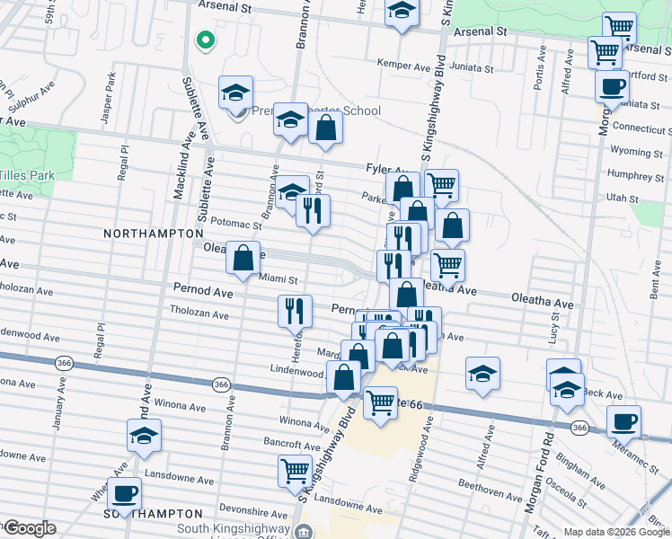 map of restaurants, bars, coffee shops, grocery stores, and more near 4978 Oleatha Avenue in St. Louis