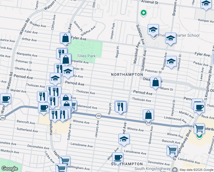 map of restaurants, bars, coffee shops, grocery stores, and more near 5633 Pernod Avenue in St. Louis