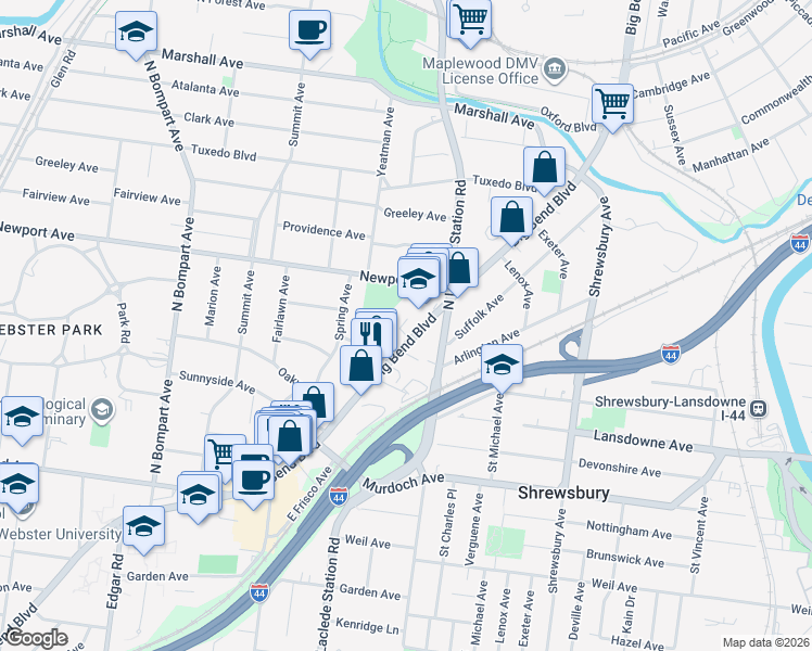 map of restaurants, bars, coffee shops, grocery stores, and more near 7835 Big Bend Boulevard in Webster Groves