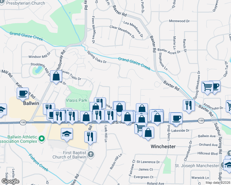 map of restaurants, bars, coffee shops, grocery stores, and more near 178 Hickory Tree Court in Ballwin