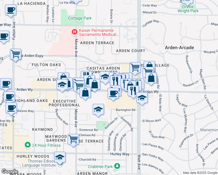 map of restaurants, bars, coffee shops, grocery stores, and more near 3301 Arden Way in Sacramento